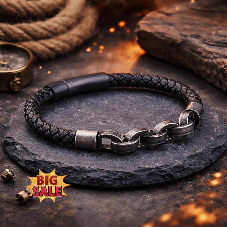 Braided black leather Viking bracelet with metal chain detail