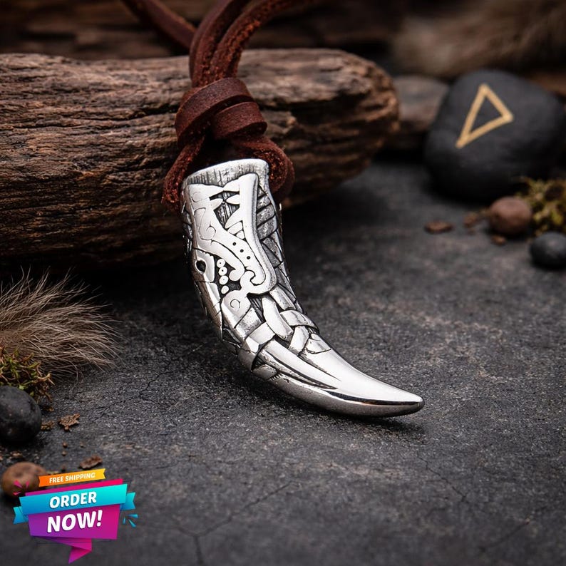 Stainless steel wolf fang Viking pendant necklace close-up